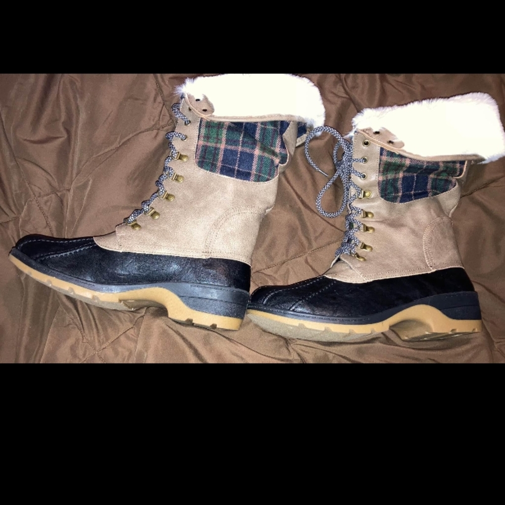Tan and Black Winter Boots with Plaid Detail